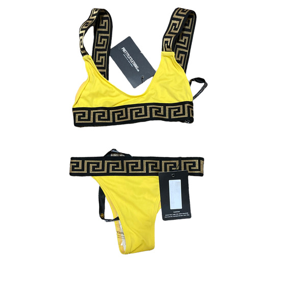 PrettyLittleThing Yellow Greek Key Low Scoop Bikini Top Cheeky Bottoms Size US 0 - Picture 2 of 15